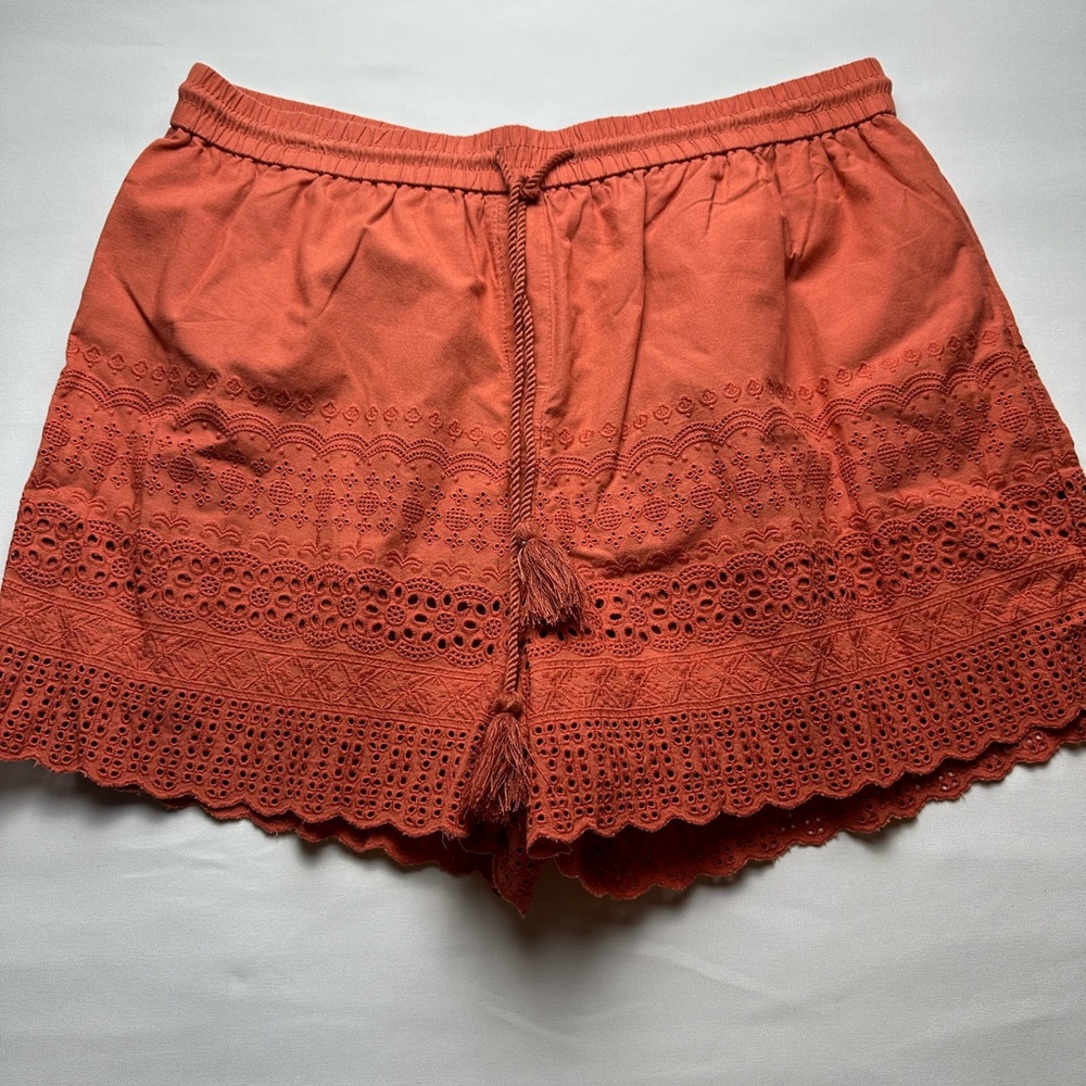 Faded Glory burnt orange shorts with lacy scalloped hems Stretchy waist. Size 14